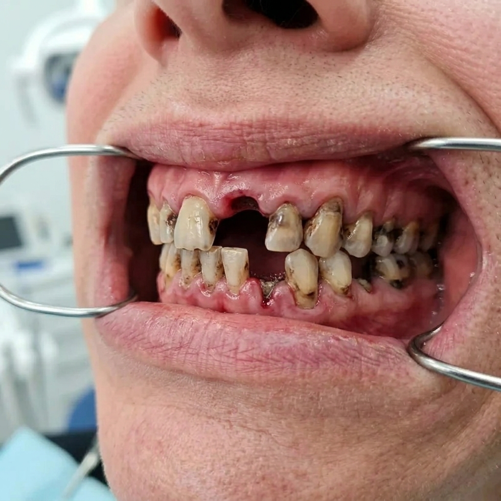 Real patient before dental implants showing missing and decayed teeth